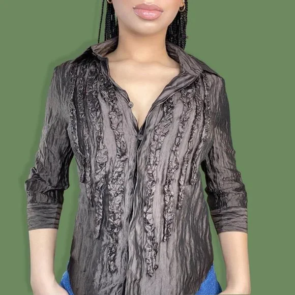 Brown Sheer Ruffle Button Up - Picture 3 of 5